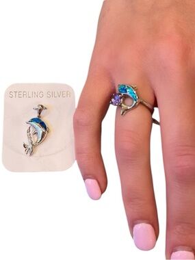 Dolphin Ring & Pendant Set Sterling Silver Amythest Aquamarine